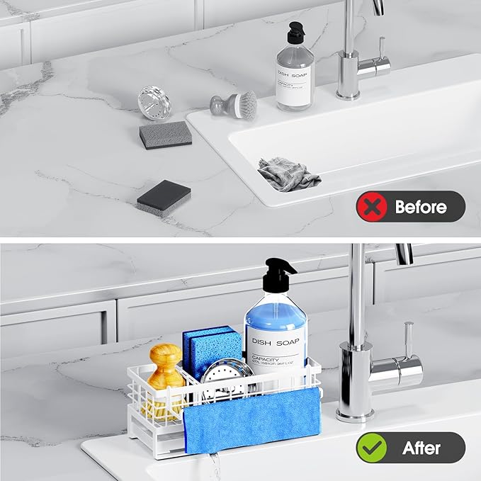 Kitchen Sink Sponge Holder - Self-Draining, Detachable Dish Cloth Holder, Rustproof Kitchen Countertop Organizer (White)