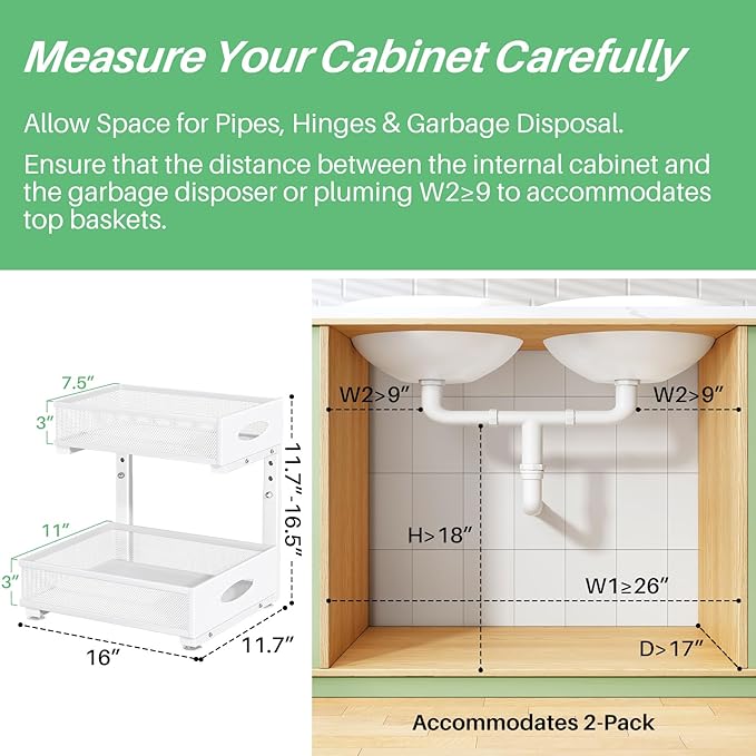 Under Sink Organizer, 2-Pack Pull Out Cabinet Organizer 2 Tier Metal Slide Out Storage Shelf Rack, L-Shaped Adjustable Height,Mesh Sliding Drawer for Kitchen, Bathroom, Laundry, Pantry, White, XL