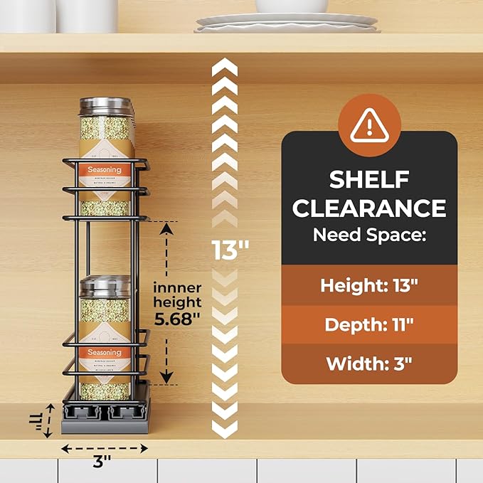 Pull Out Spice Rack Organizer for Cabinet, Slide Out Spice Racks, Easy to Install Spice Cabinet Organizer, 2.5" Wx10.43 Dx8.26 H, 1 Drawer 2 Tiers（Black）
