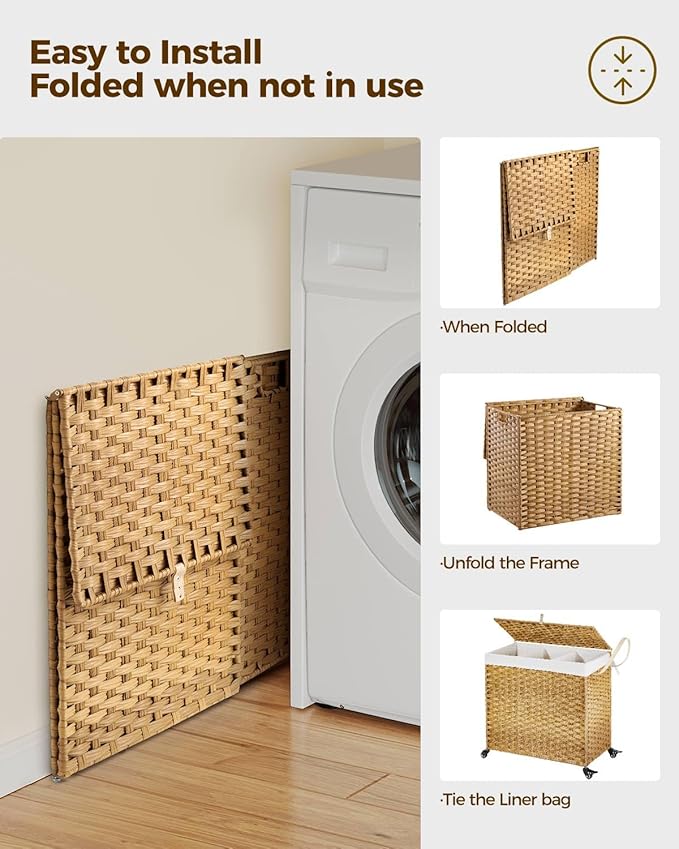Greenstell Laundry Hamper with Wheels&Lid, 130L Large 3 Sections Clothes Hamper with 2 Types Removable Liner Bags, 5 Mesh Laundry Bags, Handwoven Divided Laundry Basket for Clothes, Natural