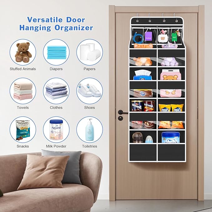 Univivi 5-Shelf Over Door Hanging Organizer Fabric Door Storage for Baby Nursery Nursery Closet Cabinet Wall Mount Hanging Storage Organizers with 8 Deep Pockets and 4 Small PVC Pockets(Black)