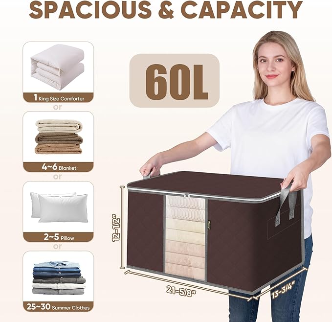 BALEINE 4 Pack Clothes Storage Bags, 16 Gallon Storage Containers with Reinforced Handle, Sturdy Zipper, Closet Organizer for Blanket, Comforter, Pillow, Bedding (Brown, 4 Pack)