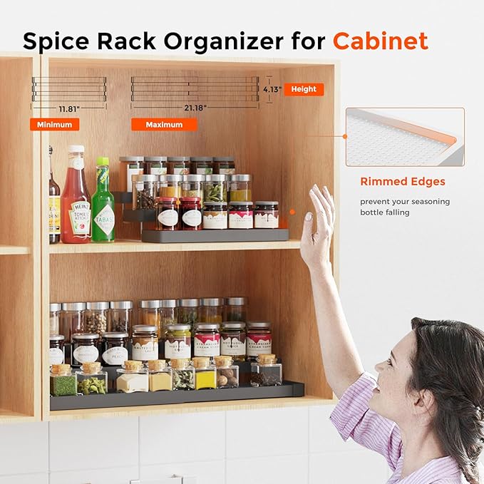 Expandable Spice Rack Organizer - 3 Tier Adjustable Spice Organizer for Cabinet & Countertop - Easy Visibility - Black