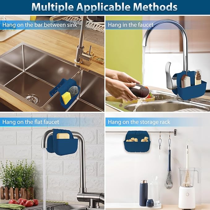Sponge Holder for Kitchen Sink, Silicone Sink Saddle Caddy Organizer Rack, Sponges Holder Over Faucet, Hanging Kitchen Organizer Accessories Rack Basket - Navy Blue