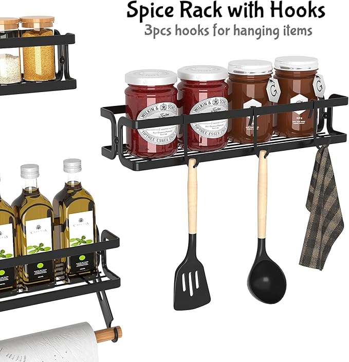 3 Pack Spice Rack Wall Mount With Paper Towel Holder and Hooks, Screw or Adhesive Hanging Spice Shelf,Space Saving Spice Organizer for Seasonings, Spice Racks for Stove,Cabinet, Pantry Black