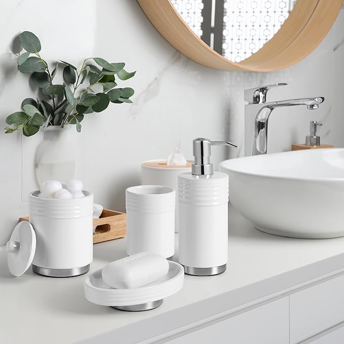Bathroom Accessories Set 4 Pieces Ceramic Bathroom Accessory with Metal Base Set Contain Soap Dispenser Cotton Swab Jar Toothbrush Cup Soap Dish