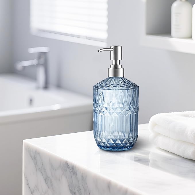 Kaishun 13 Oz Refillable Soap Dispenser, Glass Soap Dispenser for Dispense Hand Soap, Dish Soap, Lotion (Blue)