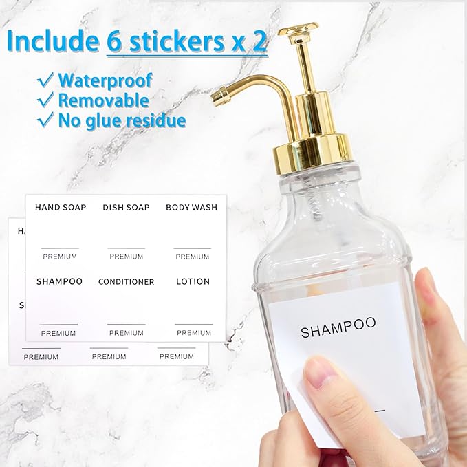 Dish Soap Dispenser for Kitchen, Hand Glass Soap Dispenser Set with Pump, Funnel for Bathroom, Shower, Laundry, Liquid, Lotion (Gold 2 Pack 18 Oz Clear Bottles with 12 Stickers)