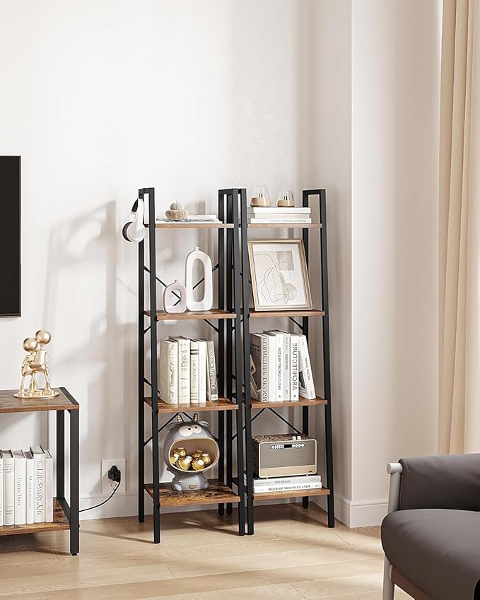 Ladder Shelf, Bookshelf Bookcase, Freestanding Corner Storage Shelve with 2 Hooks for Home Office, Living Room, Kitchen, Bedroom, Industrial, 11.8"D x 13.4"W x 47.2"H, Rustic Brown BC13201B