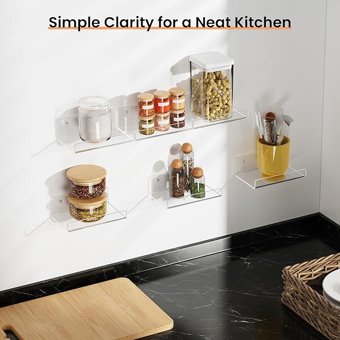 upsimples 6 Pack 6'' x 6'' Acrylic Small Shelves, Floating Shelves for Wall, Display Shelf Organizer for Plants, Speaker, Radio, Toys, Clear