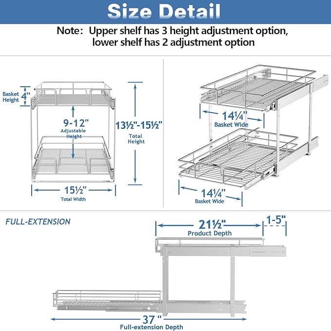 MODCART 2 Tier Individual Pull Out Cabinet Organizer 15½" W x 21½" D, Heavy Duty Cabinet Pull Out Shelves, Slide Out Drawers Organization for Kitchen Cabinets Bathroom