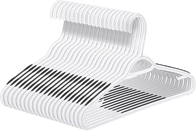 ISHUNAHOME Plastic Hangers 50 Pack - Non Slip Clothes Hangers,Holds up to 18 lbs, Slim Space Saving Hangers for Suit,Dress,t Shirts,Blouse,Coats, Pants (White)