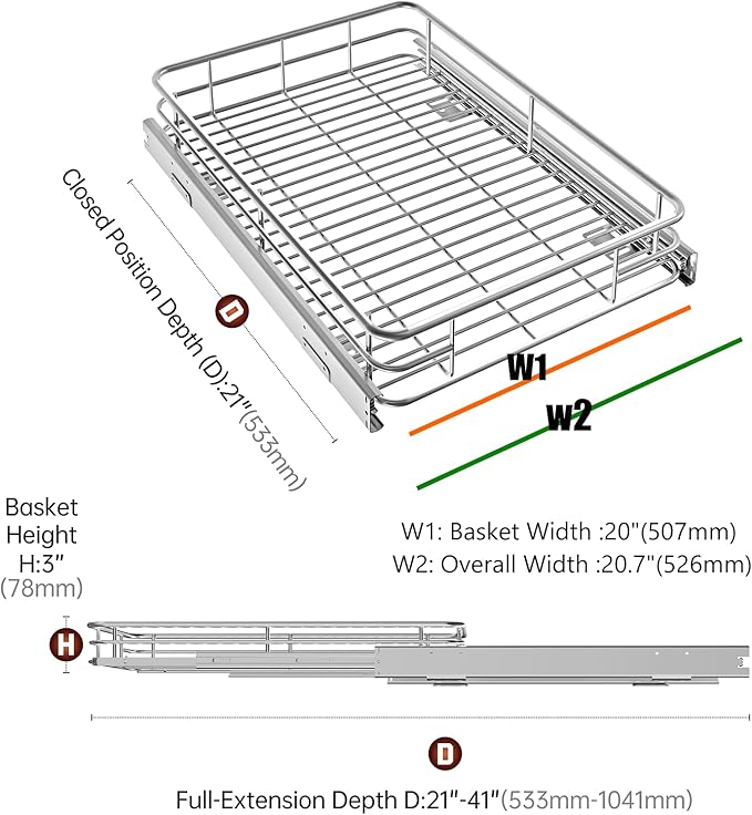 JOWBOOW Pull Out Cabinet Organizer (20" W x 21" D), Put Out Shelves for Kitchen Cabinets, Roll Out Drawers Heavy-Duty Metal Sliding Shelf, Bottom Mount