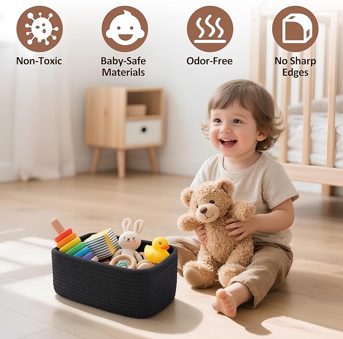 5-Pack Small Woven Rope Storage Baskets – 2 Sizes Organizer Bins for Closet, Shelf, Bookshelf, Nursery, Changing Table, Fabric Cube Boxes, Rectangular Shallow Bins for Bathroom, Toy & Home