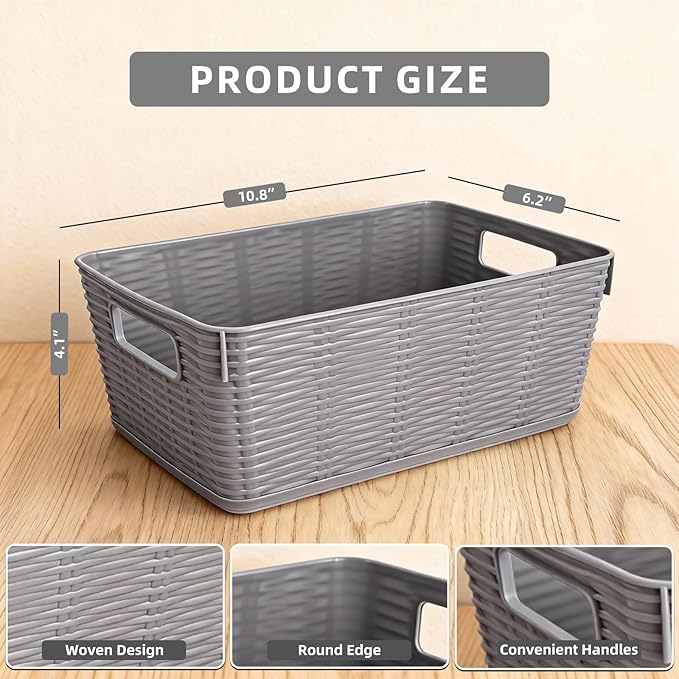 12-Pack Plastic Storage Baskets, Stackable & Nestable Organizer Bins for Toys, Clothes, Home (Gray - Rectangular)