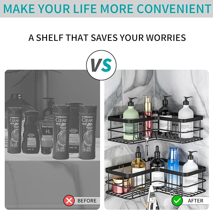 Yazoni Corner Shower Caddy, 4-Pack Adhesive Shower Shelves with Soap Holder No Drilling, Rustproof Bathroom Shower Organizer Storage, Black
