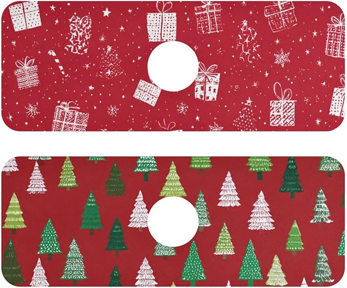 Christmas Persent Stars Trees White Green Kitchen Sink Splash Guard Sink Faucet Mat Faucet Handle Drip Catcher Drain Mats for Kitchen Bathroom Countertop Absorbent Dish Drying Pad 2