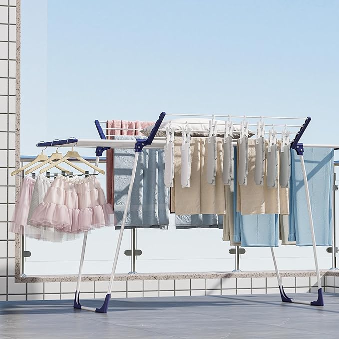 APEXCHASER Clothes Drying Rack - Foldable Laundry Rack Indoor Outdoor, Gullwing Drying Rack Clothing with 10pcs Clips + Bag, Collapsible Space-Saving Clothes Rack for Drying Towels Dolls, White