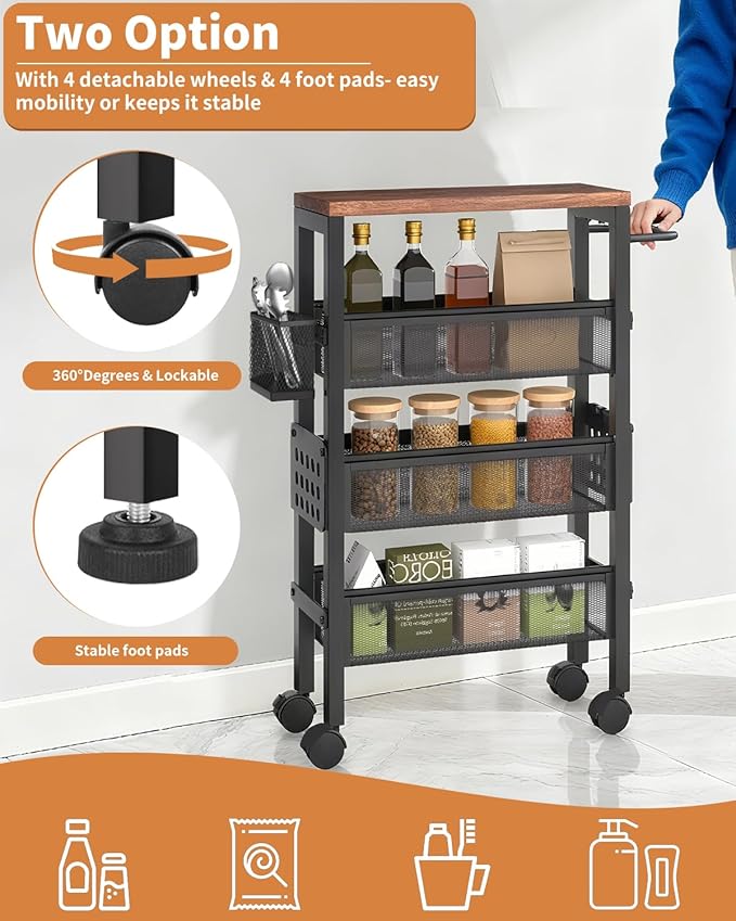 TORIBIO 4 Tier Slim Storage Cart, Narrow Kitchen Rolling Cart with Wheels for Small Space,Mobile Utility Cart Shelving Unit with Metal Frame and Wooden Top for Kitchen, Bathroom, Laundry Room