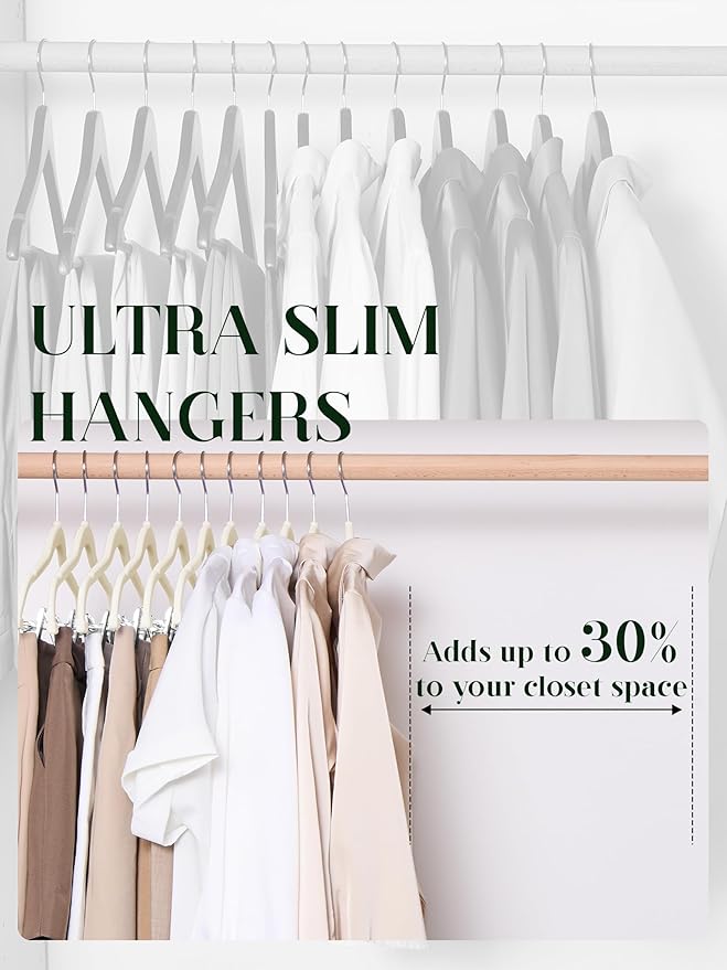 Cozymood Velvet Skirt Hangers - Pack of 24 - Velvet Hangers with Clips Ultra Thin Non Slip Velvet Pants Hangers Space Saving Clothes Hanger for Trouser, Skirts, Jeans, Dress (Beige)