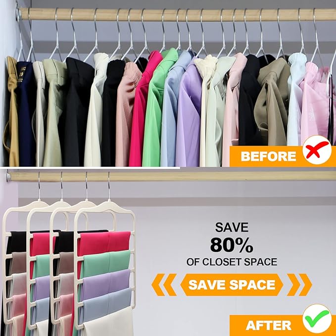 Closet Organizers and Storage,5 Pack Velvet Pants-Hangers-Space-Saving,Non Silp 5 Tier Organization-and-Storage Clothes-Hanger for College-Dorm-Room-Essentials,Closet-Organizer for Jeans Scarf Hanger