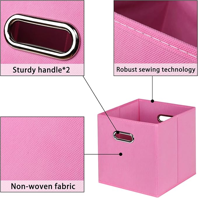 Fabric storage bins Cubes, Fabric Cube Organizer with Handle, Foldable Cube Bins for Cloth or Accessary Storage, 11x11x11, Set of 3, (Pink)