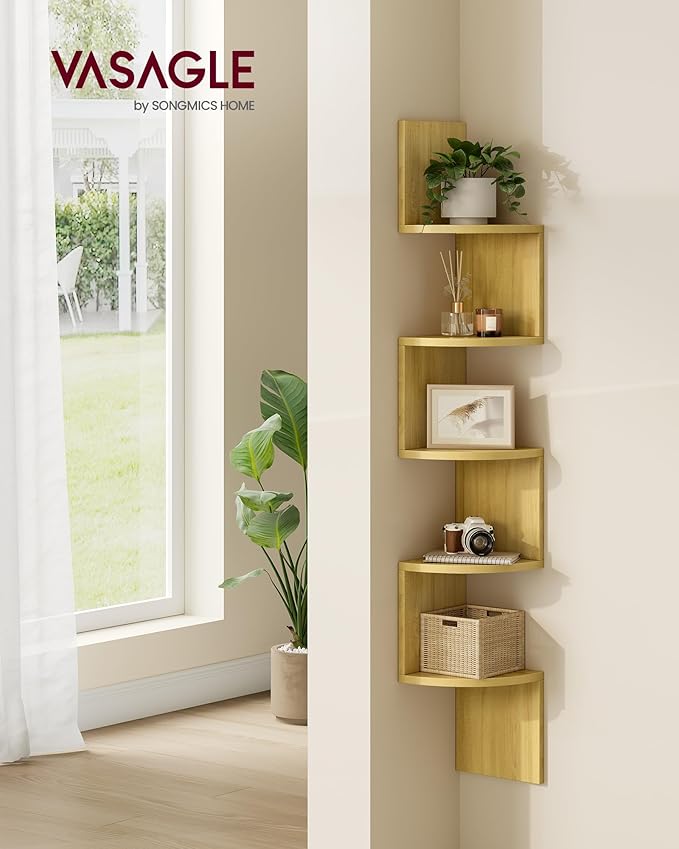 VASAGLE Corner Shelf Wall Mount, 5-Tier Floating Corner Bookshelf, Plant Shelf for Bedroom, Living Room, Bathroom, Home Office, Natural Oak