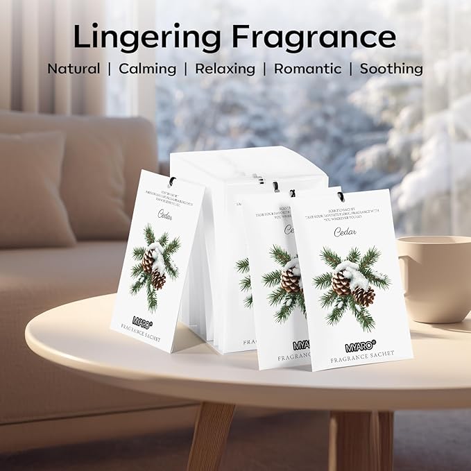 MYARO 12 Pack Cedarwood Scented Sachets for Drawer, Closet & Small Spaces Air Freshener Bags, Odor Eliminator for Car, Shoes, Gym Bag Home Fragrance Gift Set