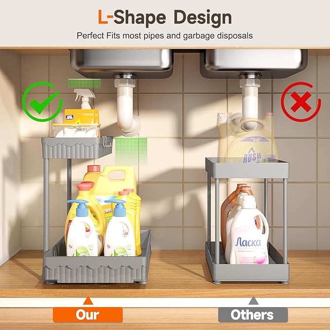 3 Pack Multi-Purpose Under Sink Organizers and Storage, 2026 L-Shaped Pull Out Cabinet Organizer for Bathroom & Kitchen, Under Cabinet Organizer with Hooks Hanging Cup, Grey