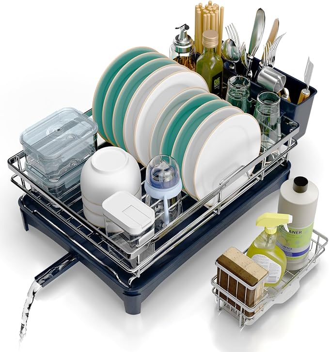 Dish Drying Rack, 304 Stainless Steel Dish Racks for Kitchen Counter with Cutlery Holder & Sponge Holder, Large Dish Drainer with Removable Drainboard, 11.8''W x 16.7''L (Stainless Steel)