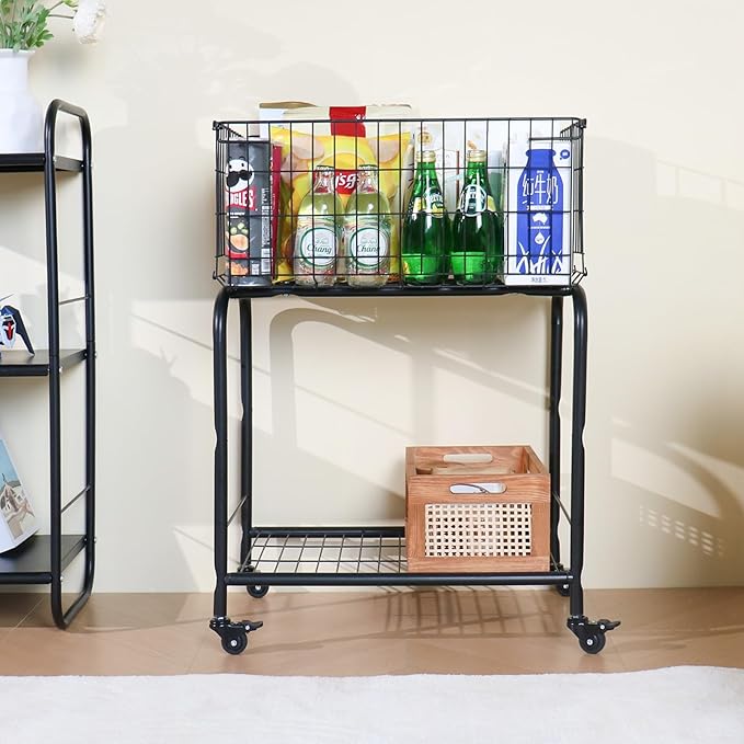 31" height Rolling Laundry Basket with Wheels, Heavy Duty 2-Tier Metal Wire Laundry Cart, Foldable Hamper with Industrial Wheels & Brakes for Clothes, Bedroom, Dorm, Apartment (Black)