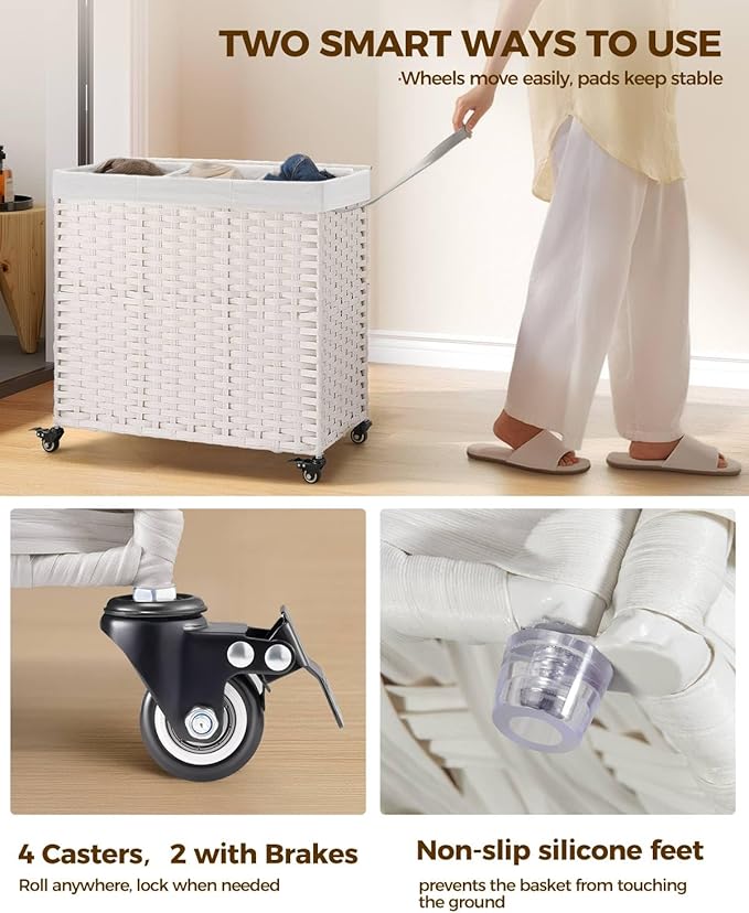 Greenstell Laundry Hamper with Wheels&Lid,130L Large 3 Sections Clothes Hamper with 2 Types Removable Liner Bags, 5 Mesh Laundry Bags, Handwoven Divided Laundry Basket White