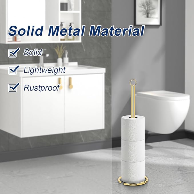 NearMoon Bath Toilet Paper Holder Stand, Freestanding Tissue Paper Storage with Reserve, Space Toilet 4 Rolls Holder for Bathroom/Kitchen Countertop-All Metal (1 Pack, Chrome Gold)