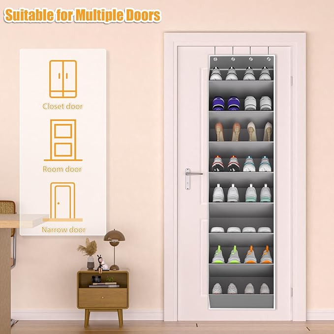 Over The Door Shoe Organizer Storage Fit 16-24 Pairs Hanging Shoe Rack Organiser for Closet Door, Deep Pocket Shoe Holder for Sneakers,Boots Storage(2 Pack Gray)