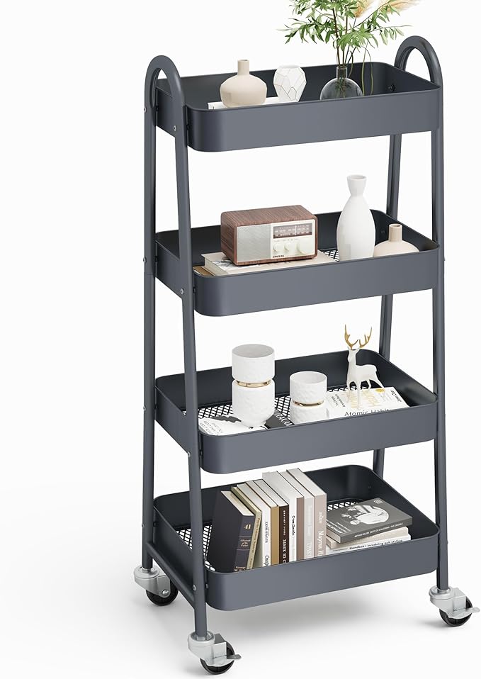 OLIXIS 4 Tier Utility Rolling Cart, Metal Mobile Storage Shelf with Lockable Caster Wheels, Organization for Livingroom, Bathroom & Narrow Places, 4-Tier Gray