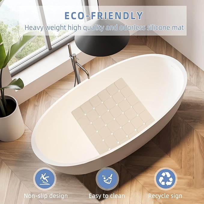 MEIMEIDE Shower Mat Non Slip 21"x21" Silicone Foldable Bath Mat with Suction Cups & Drain Holes, Odorless, Eco-Friendly & Durable, Machine Washable Shower Stall Mat for Adults, Seniors Beige