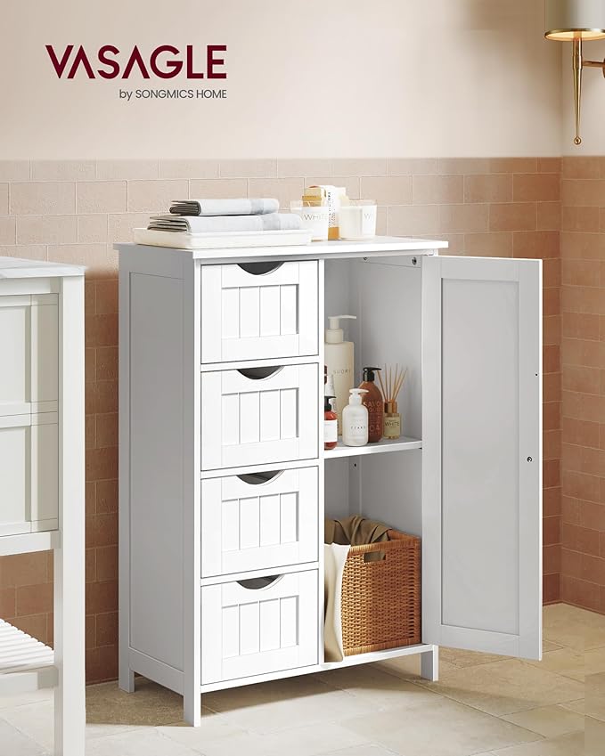 VASAGLE Storage Cabinet with Drawers, Freestanding Floor Cabinet with Door, 13.8 x 25.6 x 35.4 Inches, Adjustable Shelf, for Bathroom, Living Room, Kitchen, Cloud White ULHC042WH01S