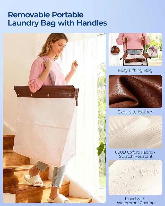Kayfia 180L Laundry Basket with Wheels, Rolling Laundry Hamper with Wood Handle and Removable Bag, 7 Side Pockets, Heavy-Duty Steel Frame Large Dirty Clothes Hampers for Home Organization