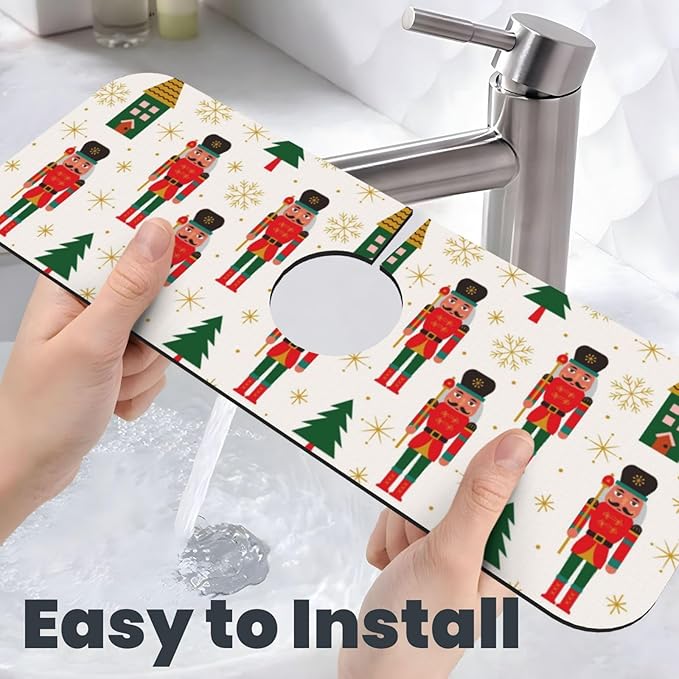 Nutcracker Christmas Tree Snowflakes Kitchen Sink Splash Guard Faucet Mat Super Absorbent Fast Drying Mat Sink Gadgets-Fast Drying Pad Sink Mat For Kitchen Bathroom (15" X 5.5" )