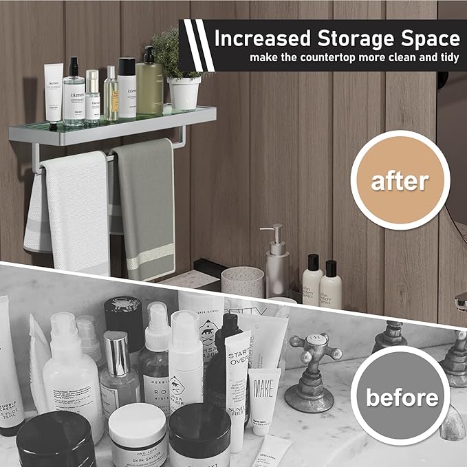 SFGSOWOR Bathroom Shelves Glass Bathroom Shelf with Towel Bar, Floating Shelves for Living Room/Study Room Tempered Glass Rectangular 1 Tier Organizer Wall Shelf (Chrome Polished, 20'')