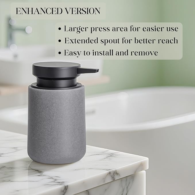 Liquid Soap Dispenser with Easy-to-Press Pump, 10 oz Refillable Hand Soap Dispenser with Extended Spout for Bathroom Kitchen Dish Lotion, Modern Stone Texture (Gray)