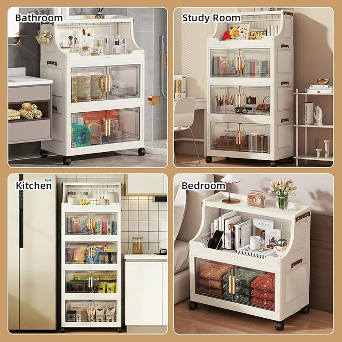 174QT Stackable Storage Bins with Lids & Rack, 4 Tier Large Capacity Foldable Storage Cabinet, Clear Collapsible Pantry Organizer for Home, Kitchen, Bathroom, Dorm, Office