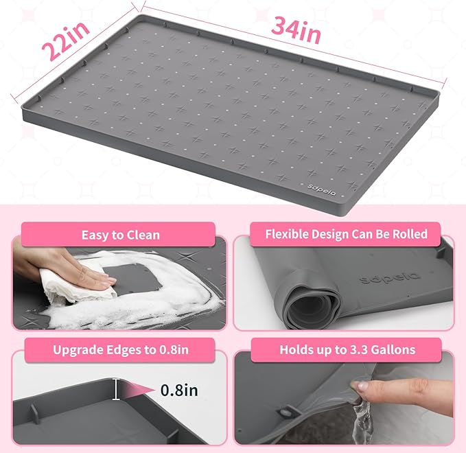 Sdpeia Under Sink Mat 31"×22" Waterproof Silicone Cabinet Liner & Sink Protector for Kitchen & Bathroom, Multi-Purpose Organizers Tray for Pets, Laundry, Cat Litter Mat,Gray
