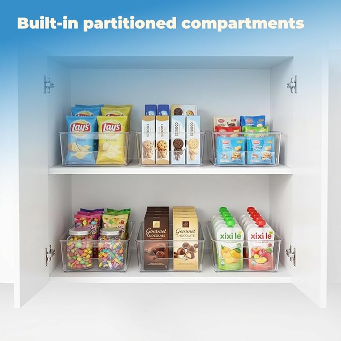 6 Pack Pantry Organizers and Storage, Clear Plastic with 3 Removable Dividers, for Tea Bag, Snack, Seasoning Organizer – BPA Free Perfect in Pantry and Fridge