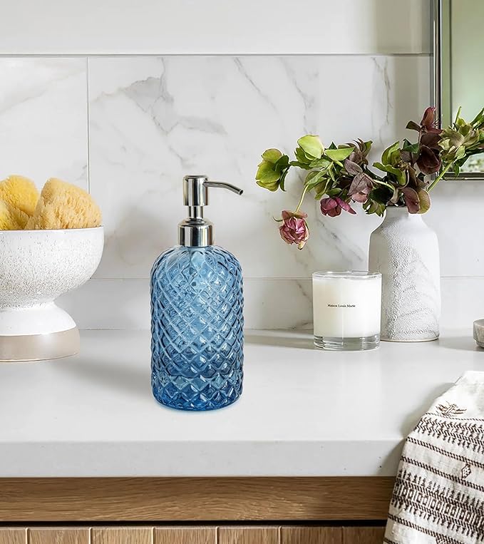 JASAI 18Oz Gem Patterned Glass Soap Dispenser for Kitchen and Bathroom, Refillable with Rust Proof Stainless Steel Pump (Blue)