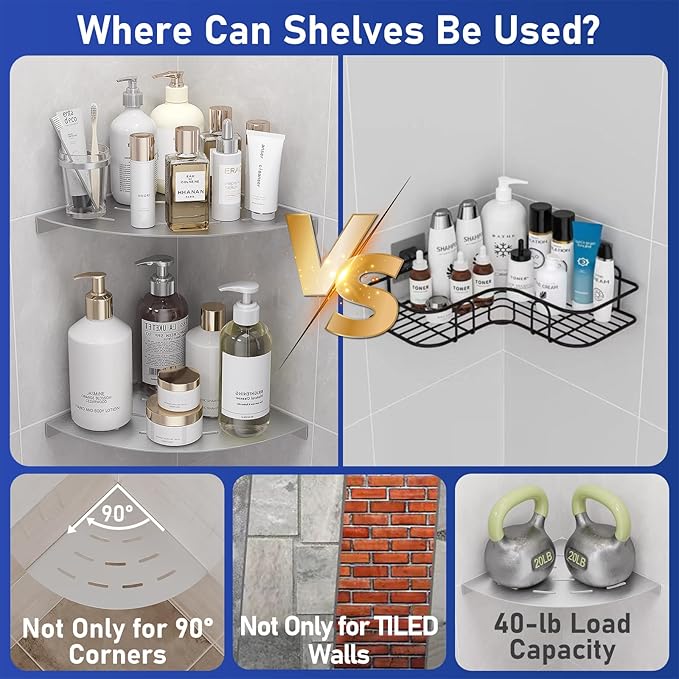 2 Pack Corner Shower Shelves Load Capacity 40 lbs 304 Stainless Steel Shower Corner Shelf Will not Rust 8in Shower Shelf for Inside Shower Brushed Nickel Drilling Installation