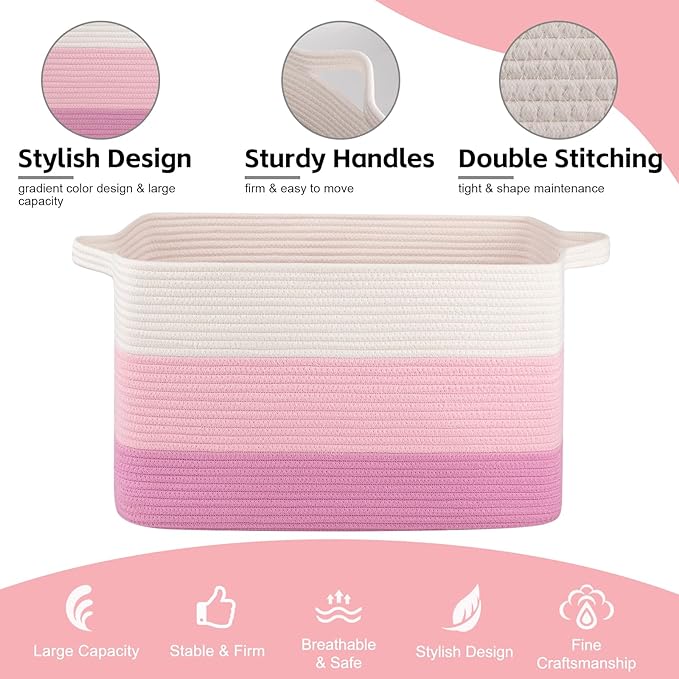 OIAHOMY Large Storage Basket, Cotton Rope Woven Blanket Basket, Toy Bin for Baby Room, Container for Blanket Storage in Living Room, 20''×16''×12'', Gradient Pink
