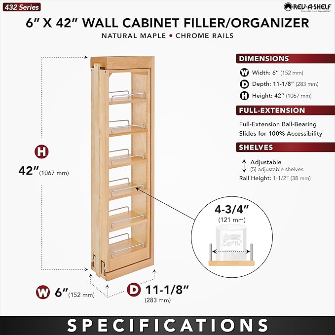 Rev-A-Shelf 6" W x 42" H Pull Out Quad Shelf Organizer for Wall & Base Kitchen Cabinets, Full Extension Filler Spice Rack, Adjustable, Wood, 432-WF42-6C