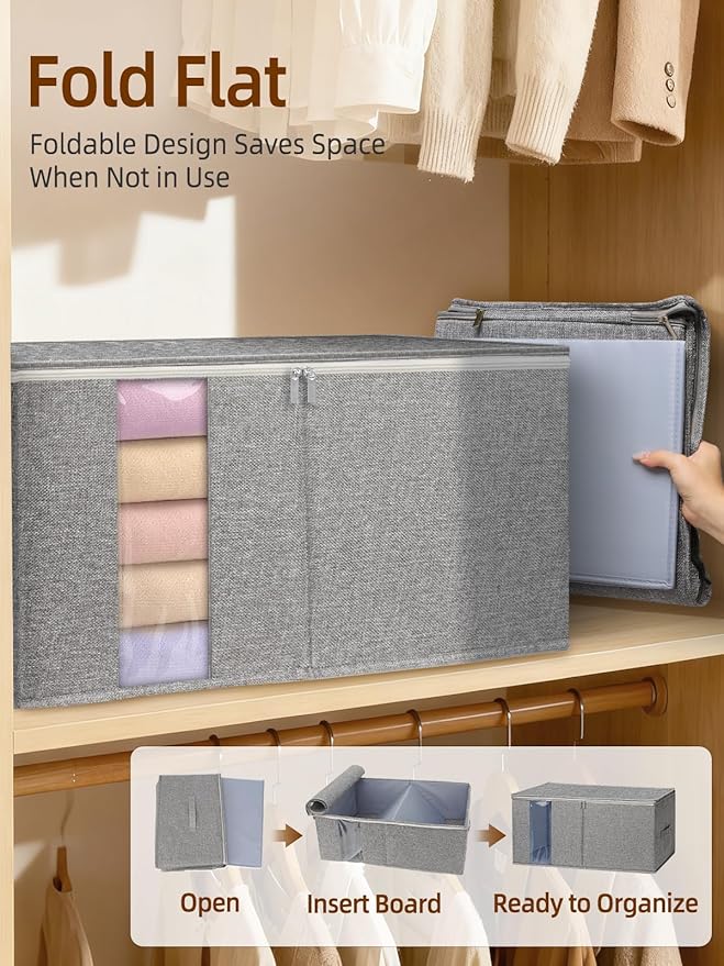 boailydi 90L King Size Comforter Storage Bag w/Rigid Panels, Large Blanket Organizer for Closet, Stackable & Foldable Container w/Clear Window & Smooth Zippers for Bedding Sets/Clothes, 2 Pack, Gray