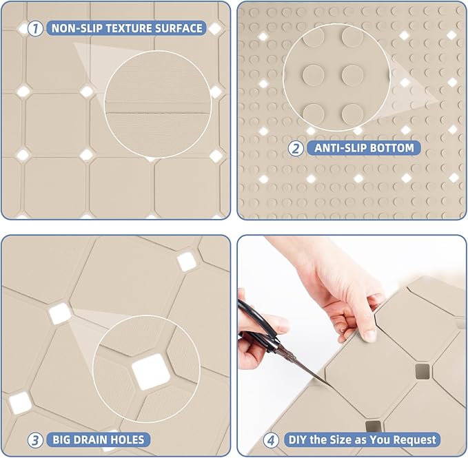 MEIMEIDE Shower Mat Non Slip 21"x21" Silicone Foldable Bath Mat with Suction Cups & Drain Holes, Odorless, Eco-Friendly & Durable, Machine Washable Shower Stall Mat for Adults, Seniors Beige